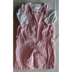 Girl's Size 6-9 M Month Two Piece Pink Floral Corduroy Pant Suspenders & Top